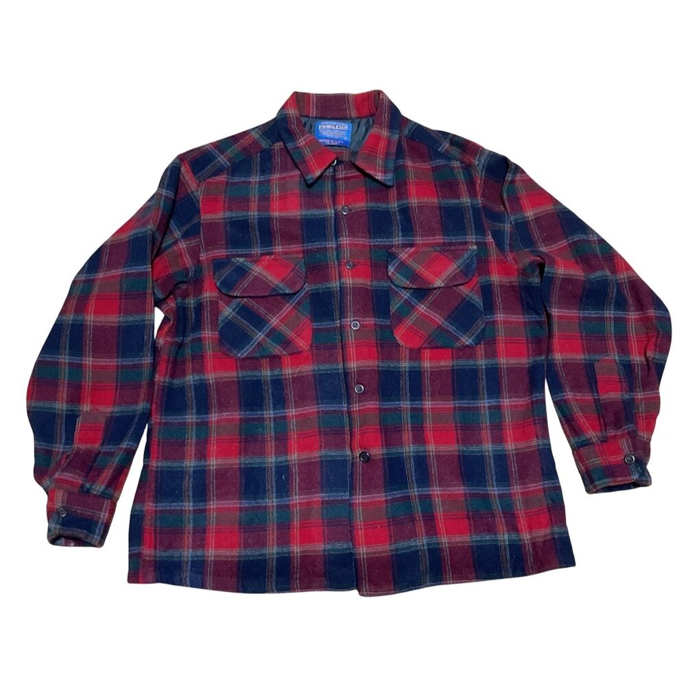 Vtg Pendleton Board Shirt L Virgin Wool Plaid Loop Collar Long Sleeve Shacket Ma